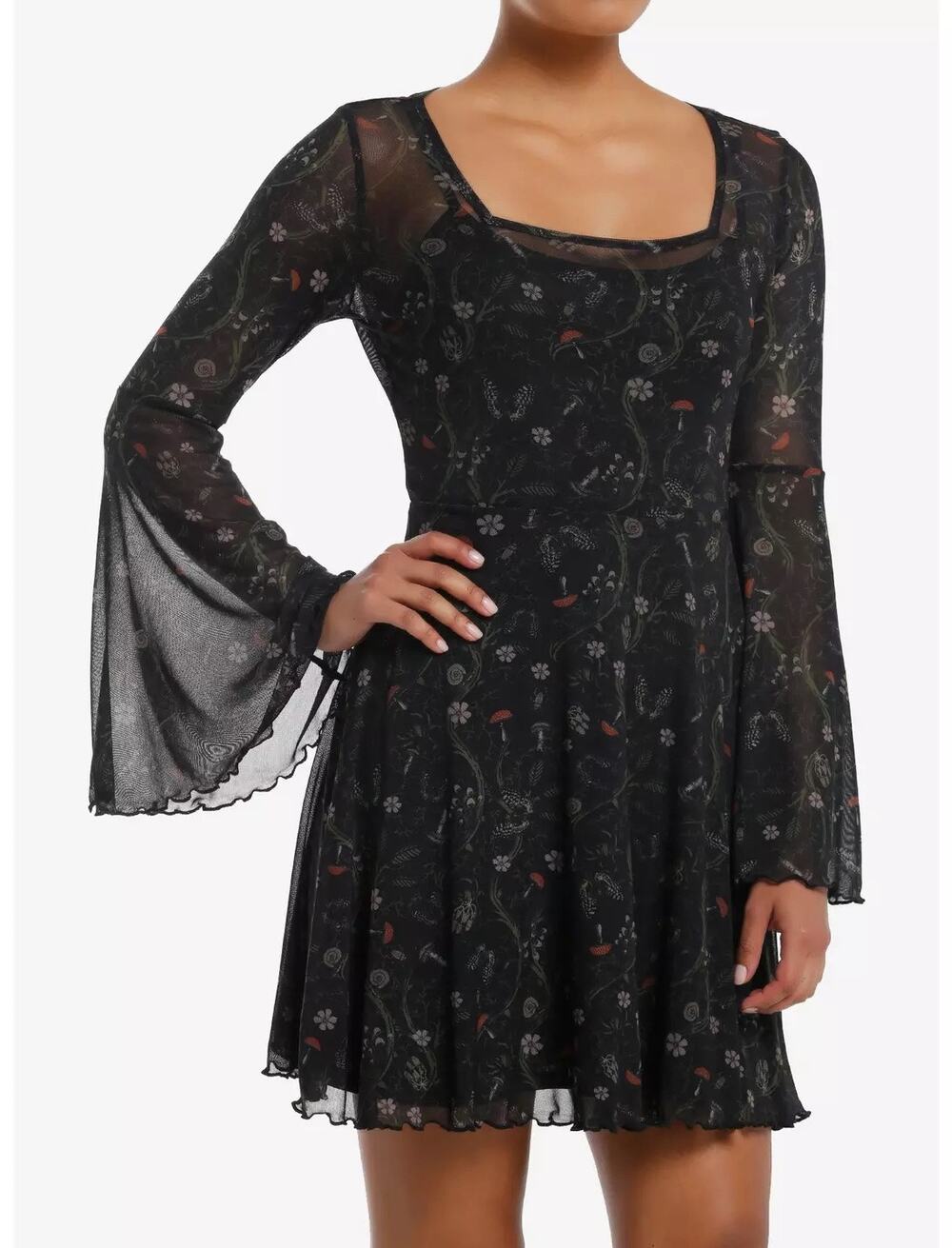 Thorn & Fable Whimsigoth Fairy Goblin Witchy Mushroom Mesh Bell Sleeve Dress